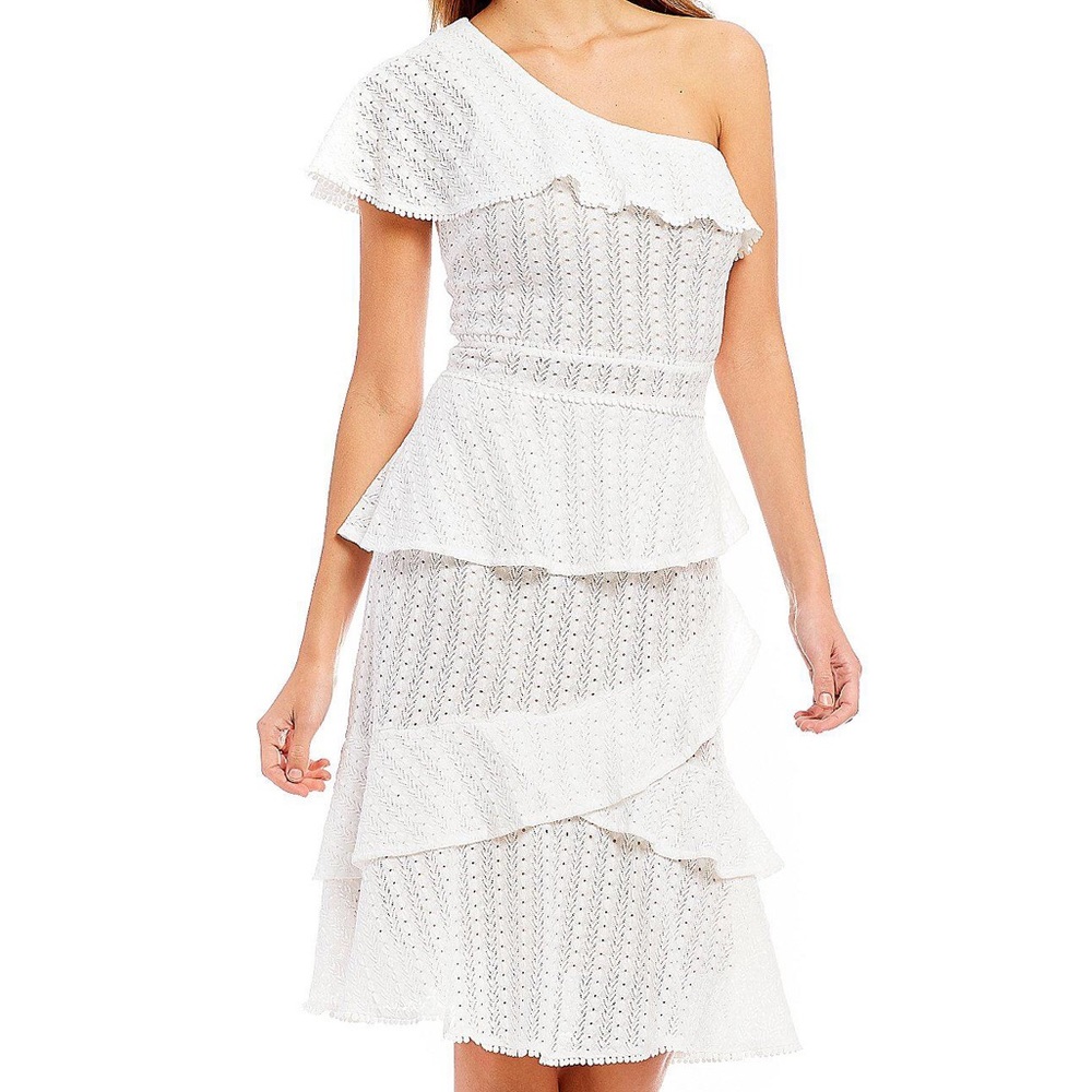 Gianni Bini One-Shoulder White Ruffle Tiered Dress